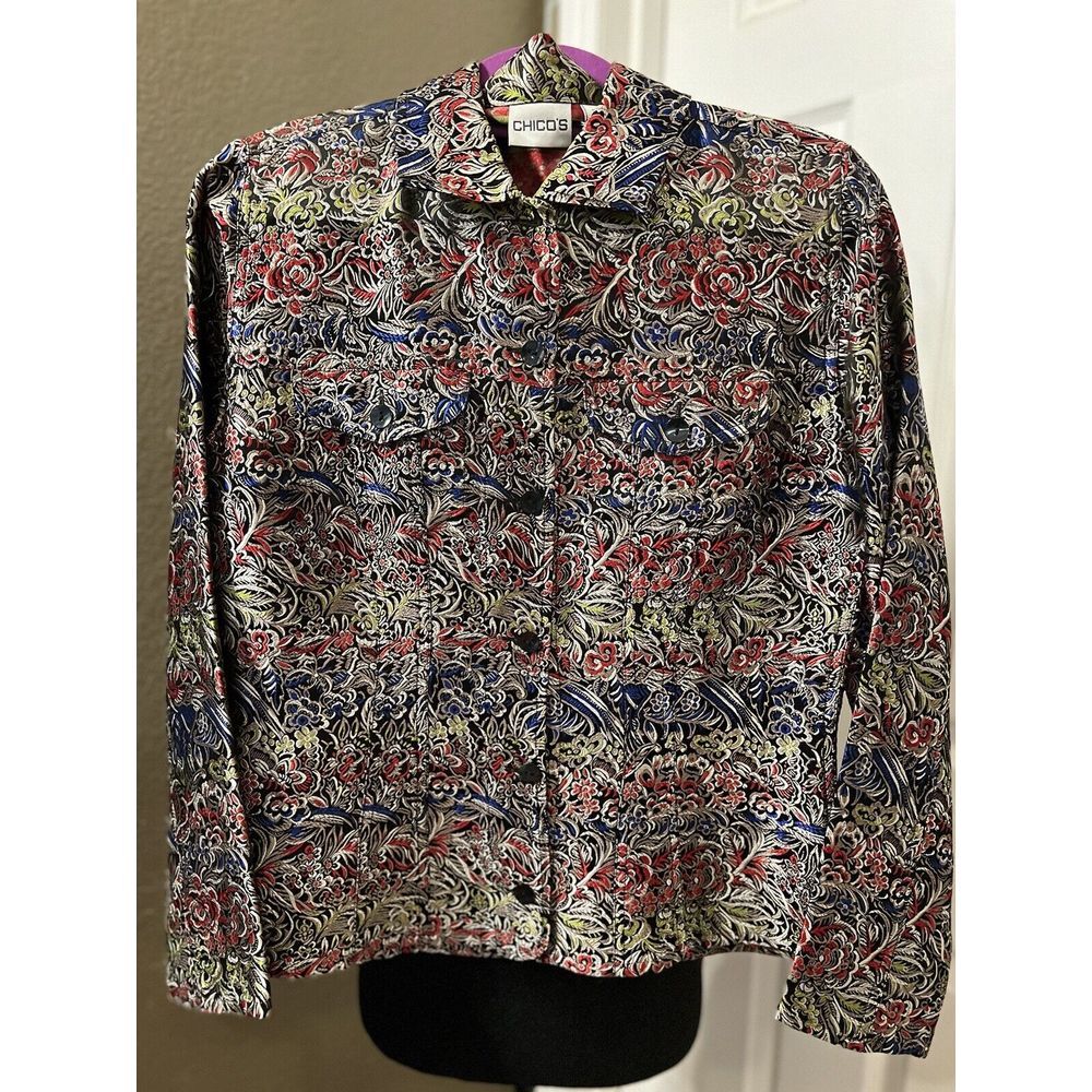 Chico's Size 0 Jacket black floral shimmer rayon silk metallic